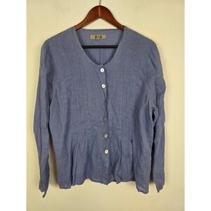 Flax‎ Linen Button Down Top Blouse Women's Size M Blue Long Sleeve